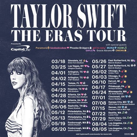 Taylor eras - TAYLOR SWIFT | THE ERAS TOUR. With Special Guest Paramore. Taylor Swift | The Eras Tour has added another two nights at Wembley Stadium in London on 19 and 20 August, 2024. A limited number of fans who previously registered for shows in London will be selected for an opportunity to access to the sale and will receive …